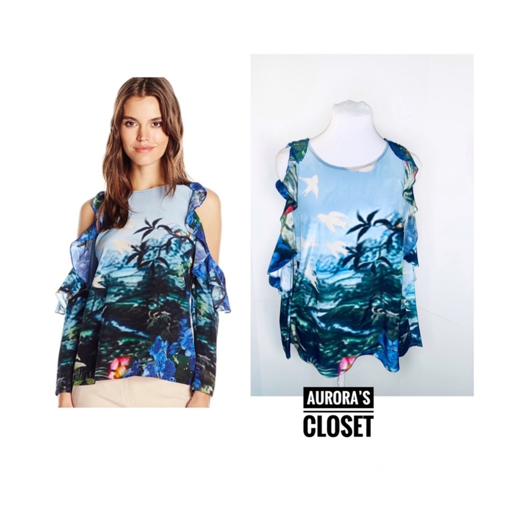 Tracy Reese M Blue Silk Tropical Top L/S Cold Ruffle Shoulder Nautical Beach NWT